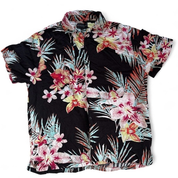 No Boundaries Floral Button Down Shirt Black Tropical Hawaiian Style Men’s L - Picture 1 of 4